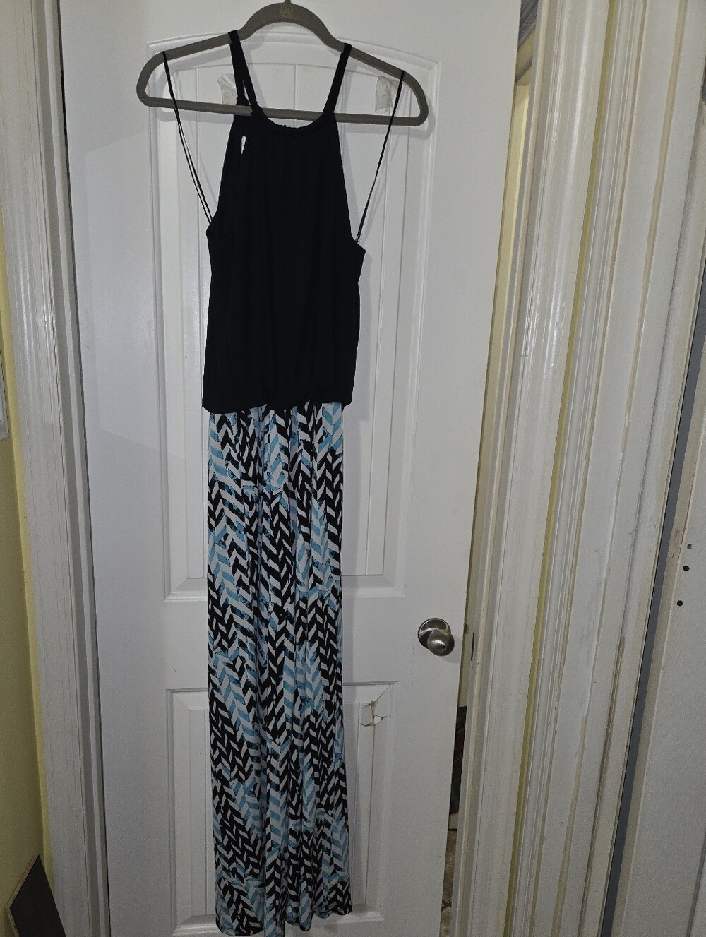 Black Halter Top Jumpsuit with Blue & Black Chevron Skirt